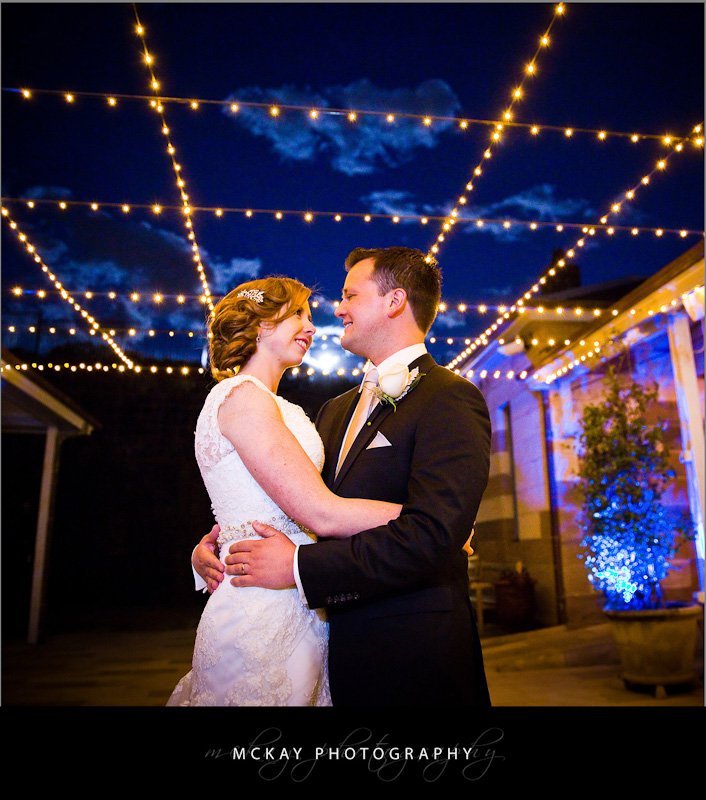 Night shot in the courtyard at the Barracks Vicki Justin St Thomas North Sydney wedding