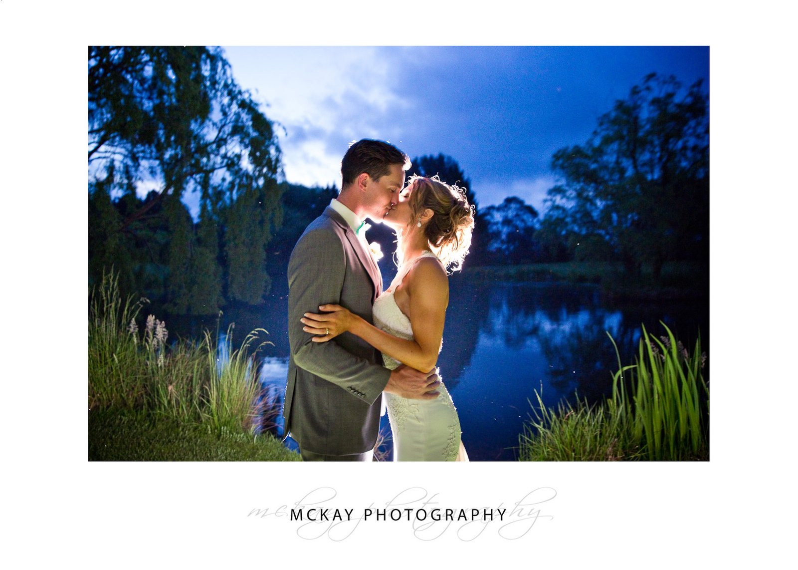 Flash backlit night shot at Briars lake during wedding in Bowral